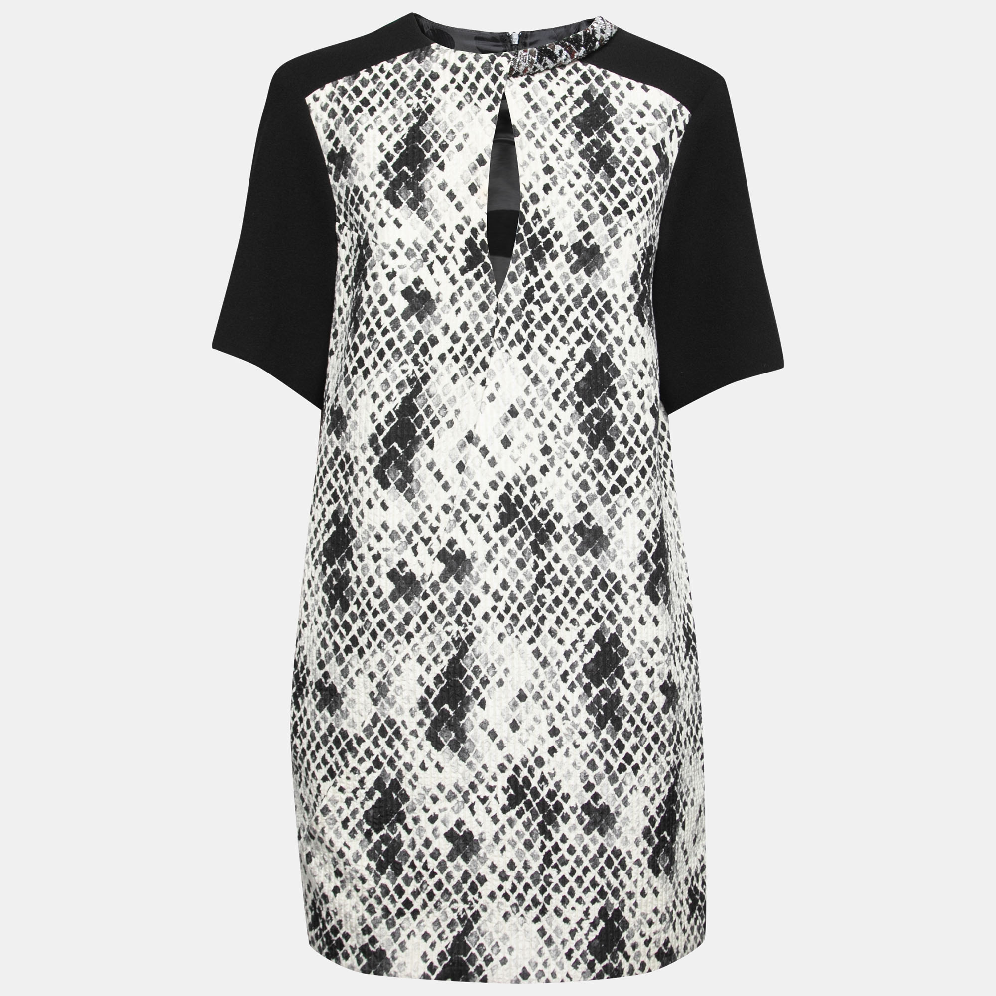 Emanuel Ungaro Textured Python Print Embellished Neck Detail Draped Shift Dress S
