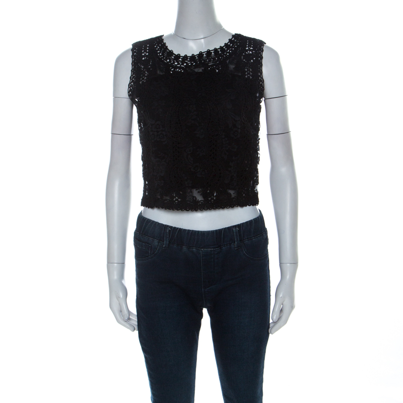 Emanuel Ungaro Ombre De La Nuit Vintage Black Lace Sleeveless Cropped Blouse M