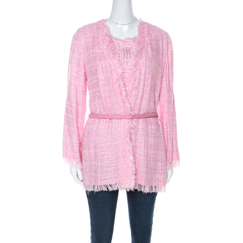 Image of Emanuel Ungaro Pink Tweed Embellished Detail Top & Belted Jacket Set S
