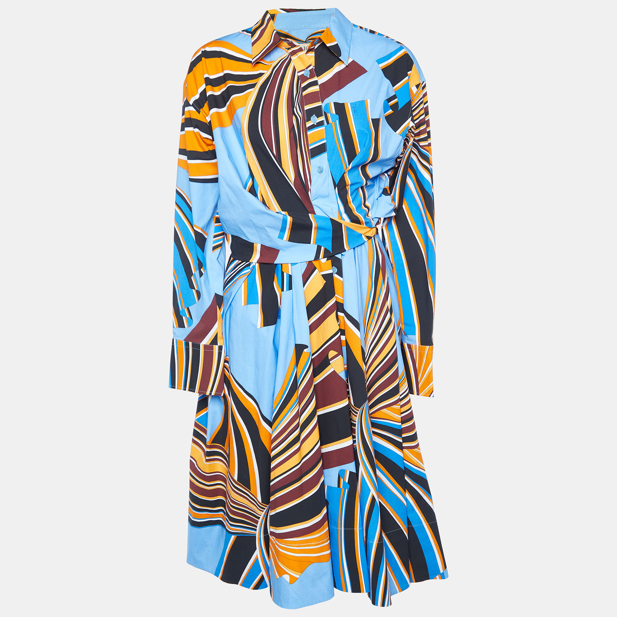 Emilio pucci multicolor printed cotton wrap detail button front shirt dress m