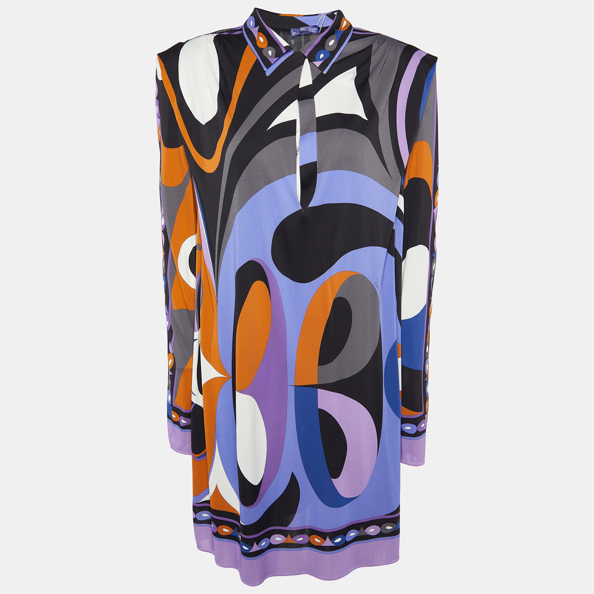 Emilio Pucci Archivio Multicolor Printed Jersey Shoulder Pad Detail Mini Dress L