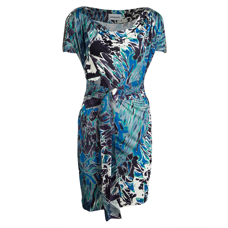 Image of Emilio Pucci Multicolor Printed Silk Embellished Shoulder Detail Belted Dress S