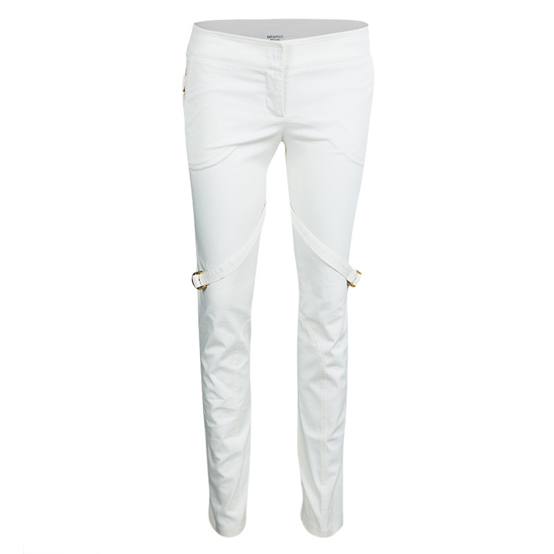 Image of Emilio Pucci White Cotton Twill Criss Cross Eyelet Detail Tapered Pants M