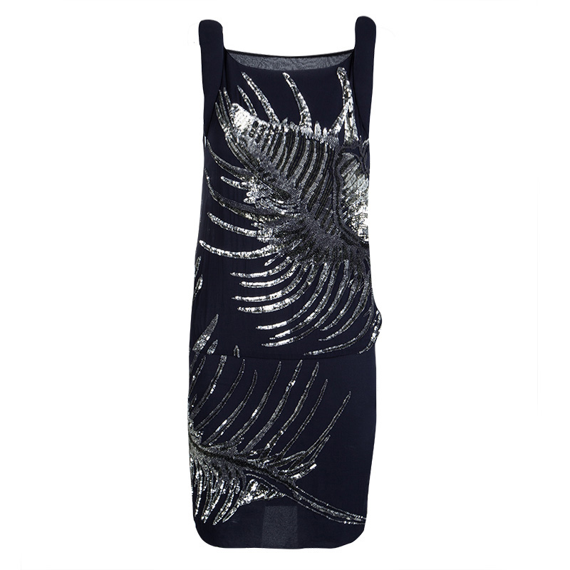 Image of Emilio Pucci Navy Blue Silk Sequin Embellished Drop Waist Sleeveless Dress S