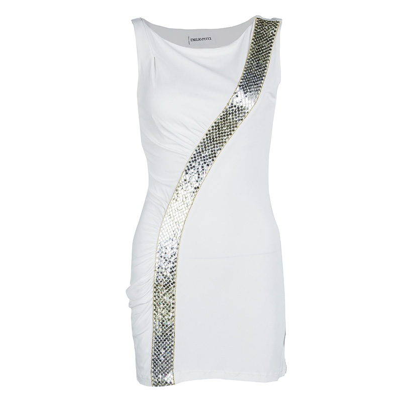 Image of Emilio Pucci White Sequin Embellished Ruched Sleeveless Dress S