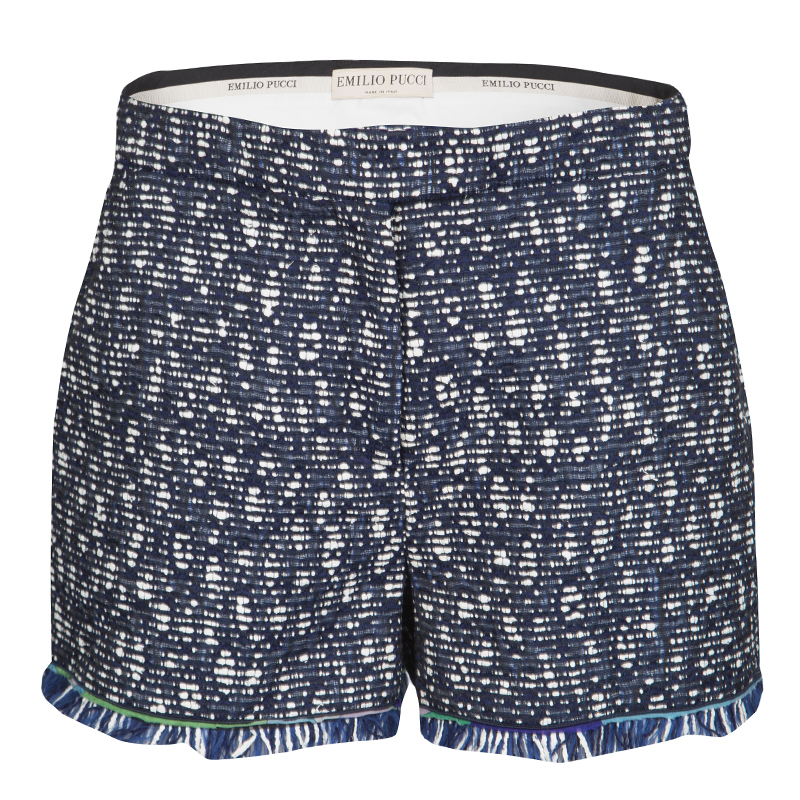 Image of Emilio Pucci Navy Blue and Whte Textured Fringed Bottom Shorts M