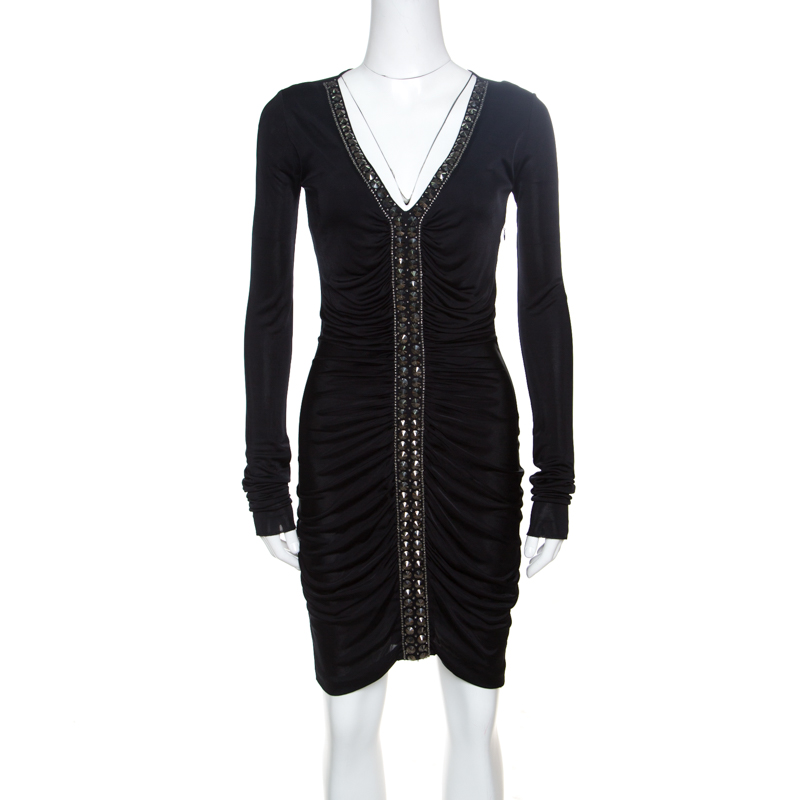 Image of Emilio Pucci Black Ruched Jersey Rhinestone Embellished Long Sleeve Dress S