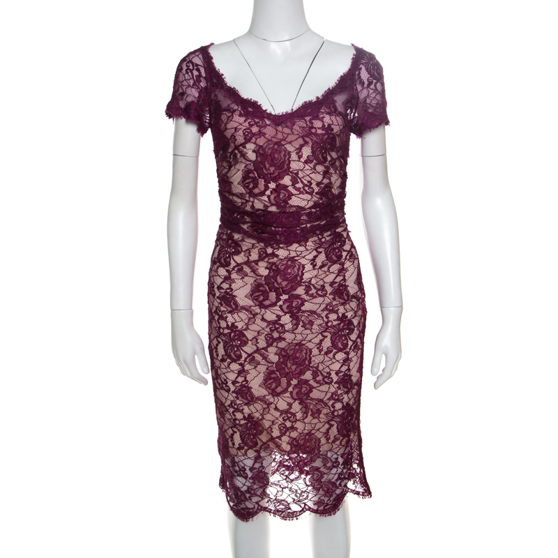 Image of Emilio Pucci Burgundy Floral Lace Scalloped Trim Ruched Dress S