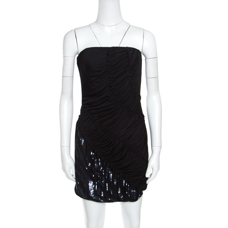Image of Emilio Pucci Black Sequin Embellished Ruched Strapless Dress M