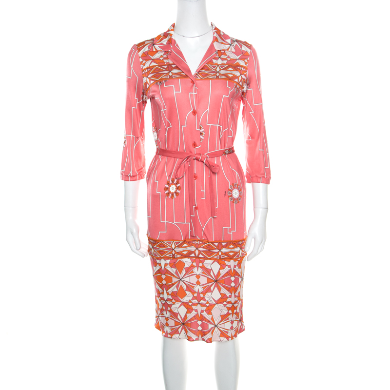 Image of Emilio Pucci Pink Printed Silk Belted Shirt Dress S