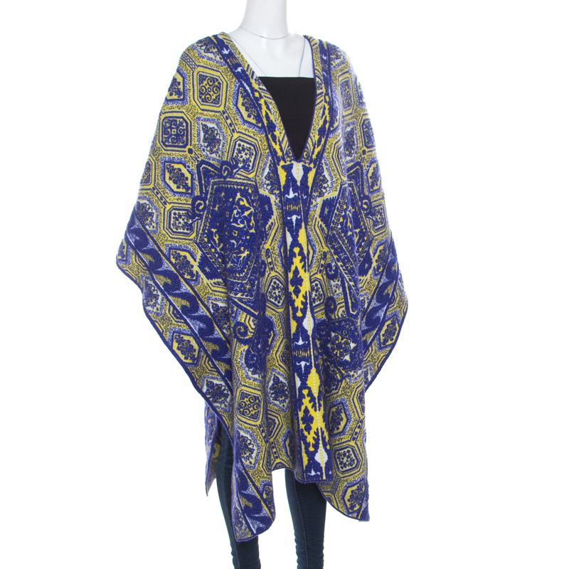 Emilio Pucci Blue and Neon Yellow Patterned Jacquard Knit Poncho S