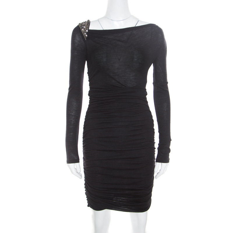 Image of Emilio Pucci Black Knit Embellished Shoulder Detail Ruched Long Sleeve Dress S