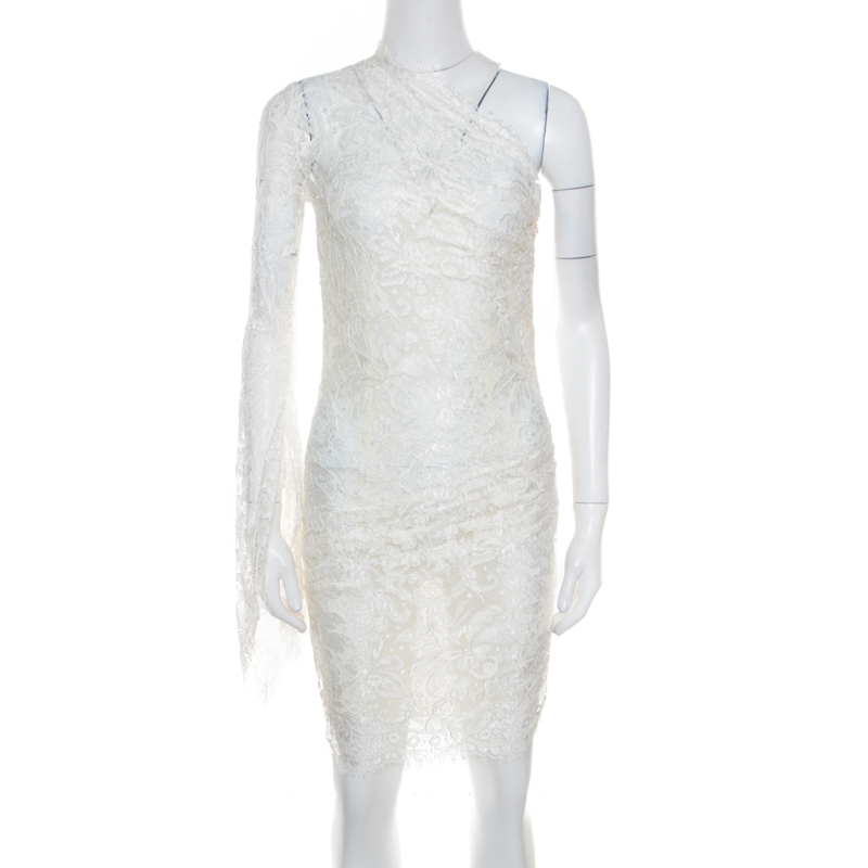 Image of Emilio Pucci White Floral Lace Scalloped Trim Ruched One Shoulder Dress S