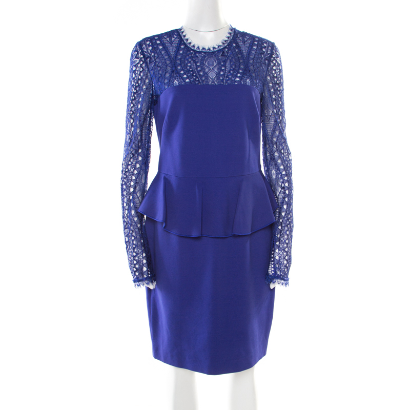 Image of Emilio Pucci Purple Lace Yoke Peplum Detail Pencil Dress L