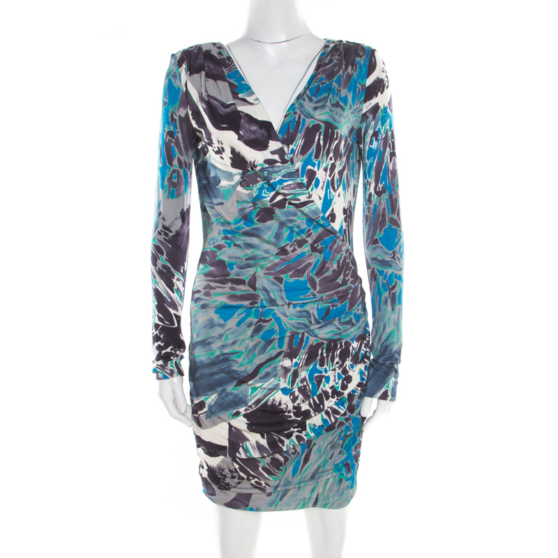 Emilio pucci multicolor printed silk jersey power shoulder draped dress m