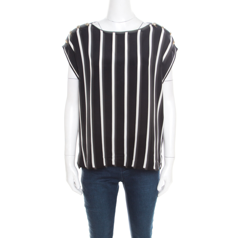 Image of Emilio Pucci Black and White Striped Silk Oversized Sleeveless Top S