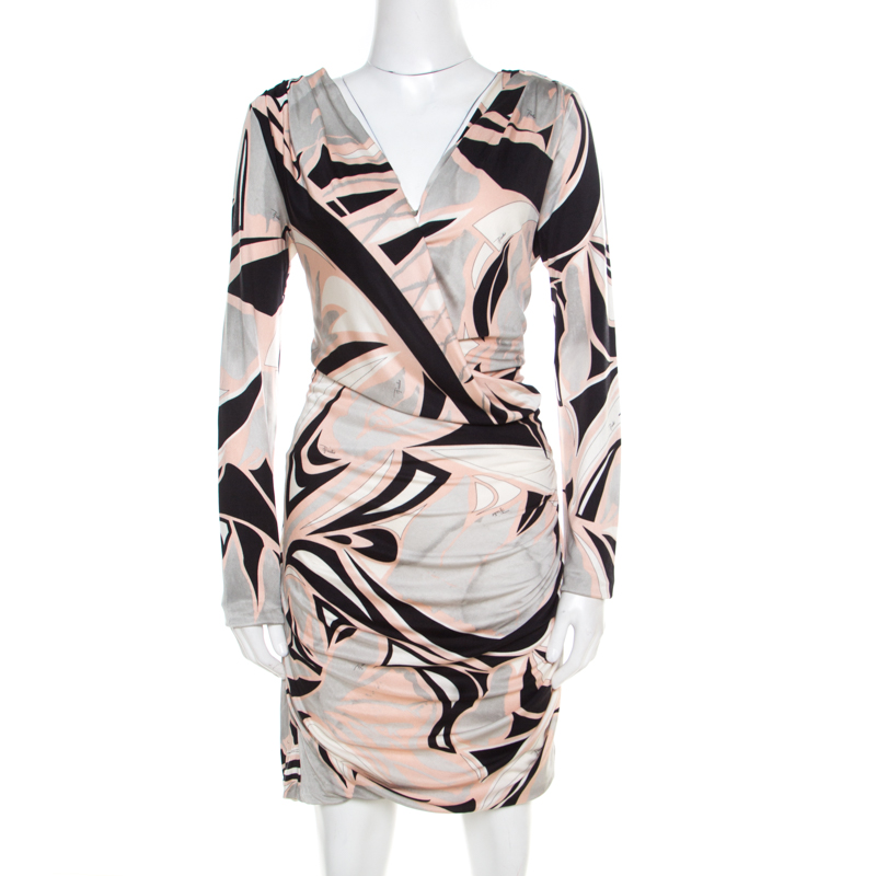 Image of Emilio Pucci Multicolor Printed Silk Jersey Draped Long Sleeve Dress L