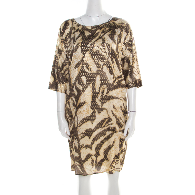 Image of Emilio Pucci Brown and Beige Foil Printed Silk Long Sleeve Dress S