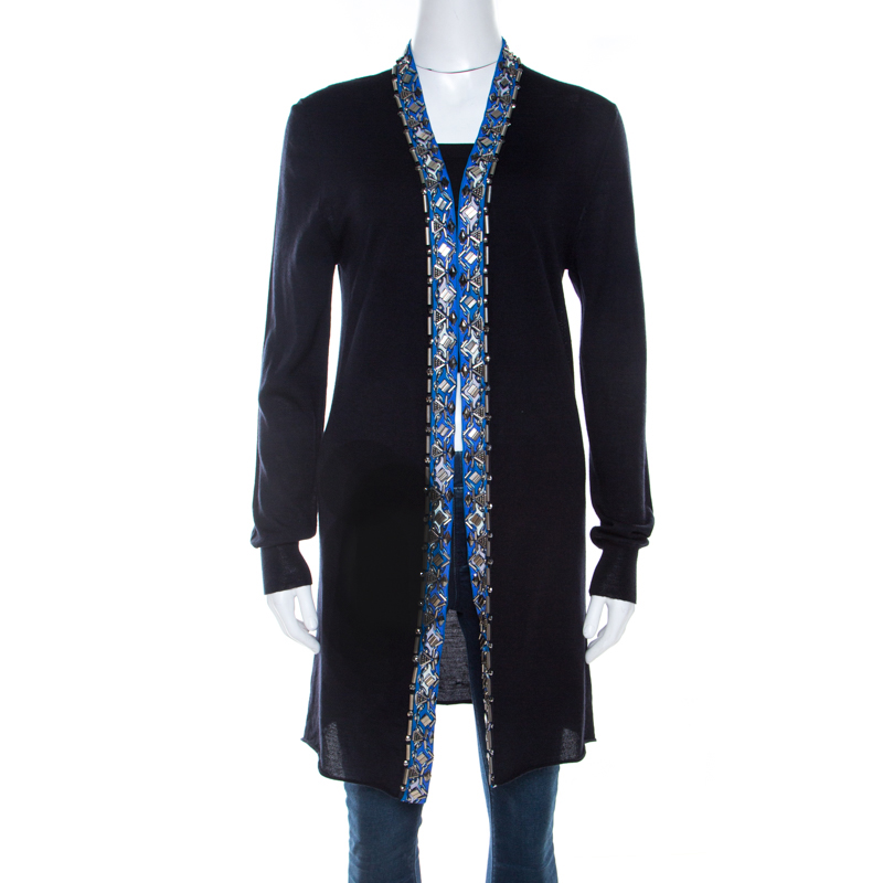 Image of Emilio Pucci Navy Blue Embellished Trim Long Sleeve Cardigan M