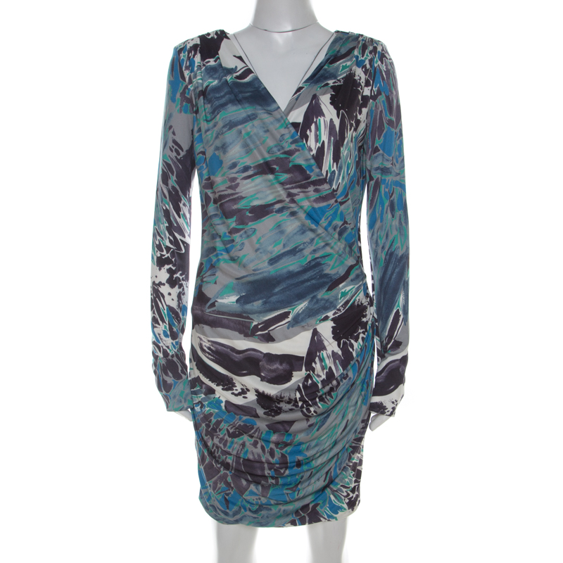 Image of Emilio Pucci Multicolor Printed Silk Jersey Draped Long Sleeve Dress M