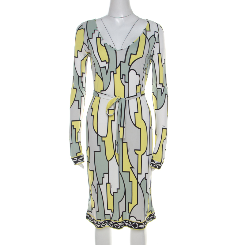 Image of Emilio Pucci Multicolor Geometric Printed Silk Jersey Belted Dress M