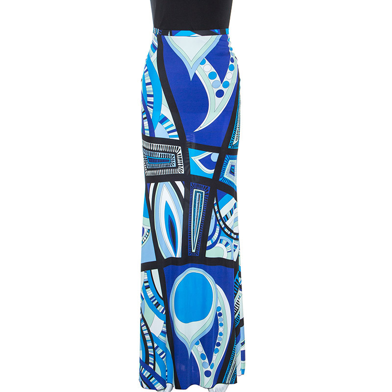 Image of Emilio Pucci Blue Abstract Printed Jersey Flared Maxi Skirt M