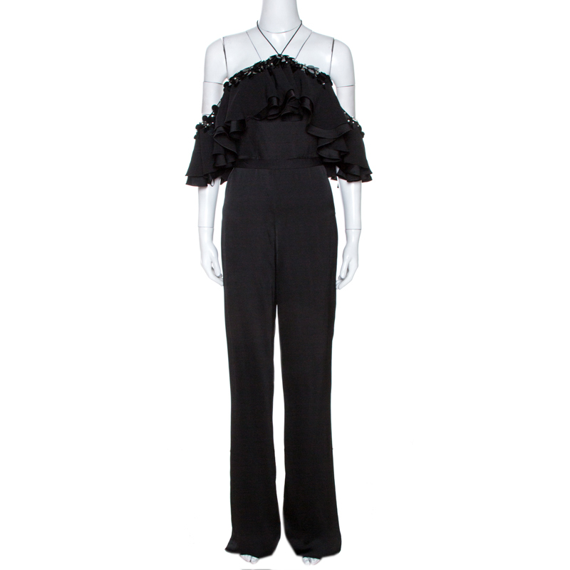 Image of Emilio Pucci Black Crepe Embellished Ruffle Trim Jumpsuit S