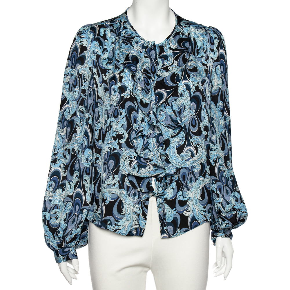 Emilio pucci blue printed silk ruffle detail button front top l