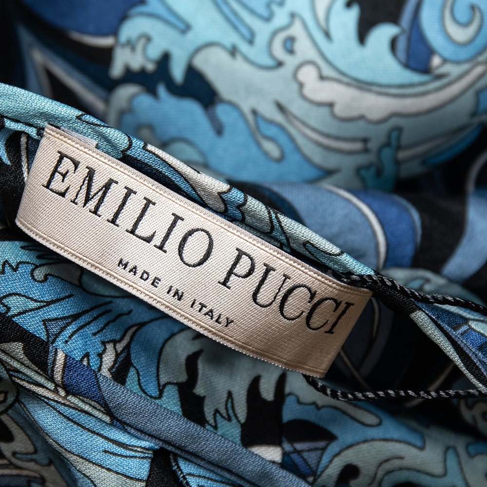 Emilio Pucci Blue Printed Silk Ruffle Detail Button Front Top L