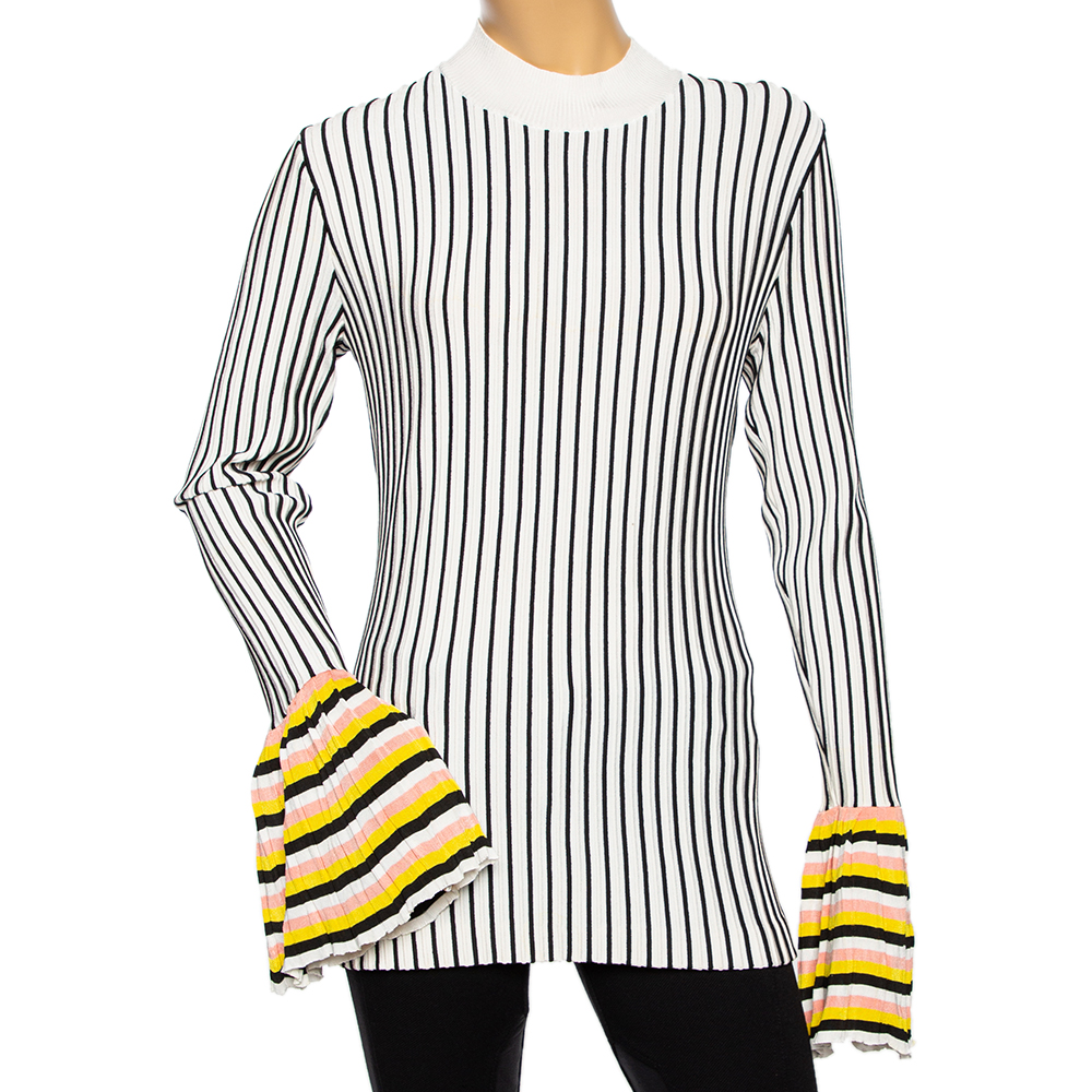Emilio Pucci Black & White Striped Knit Pleated Cuff Detailed Top XL
