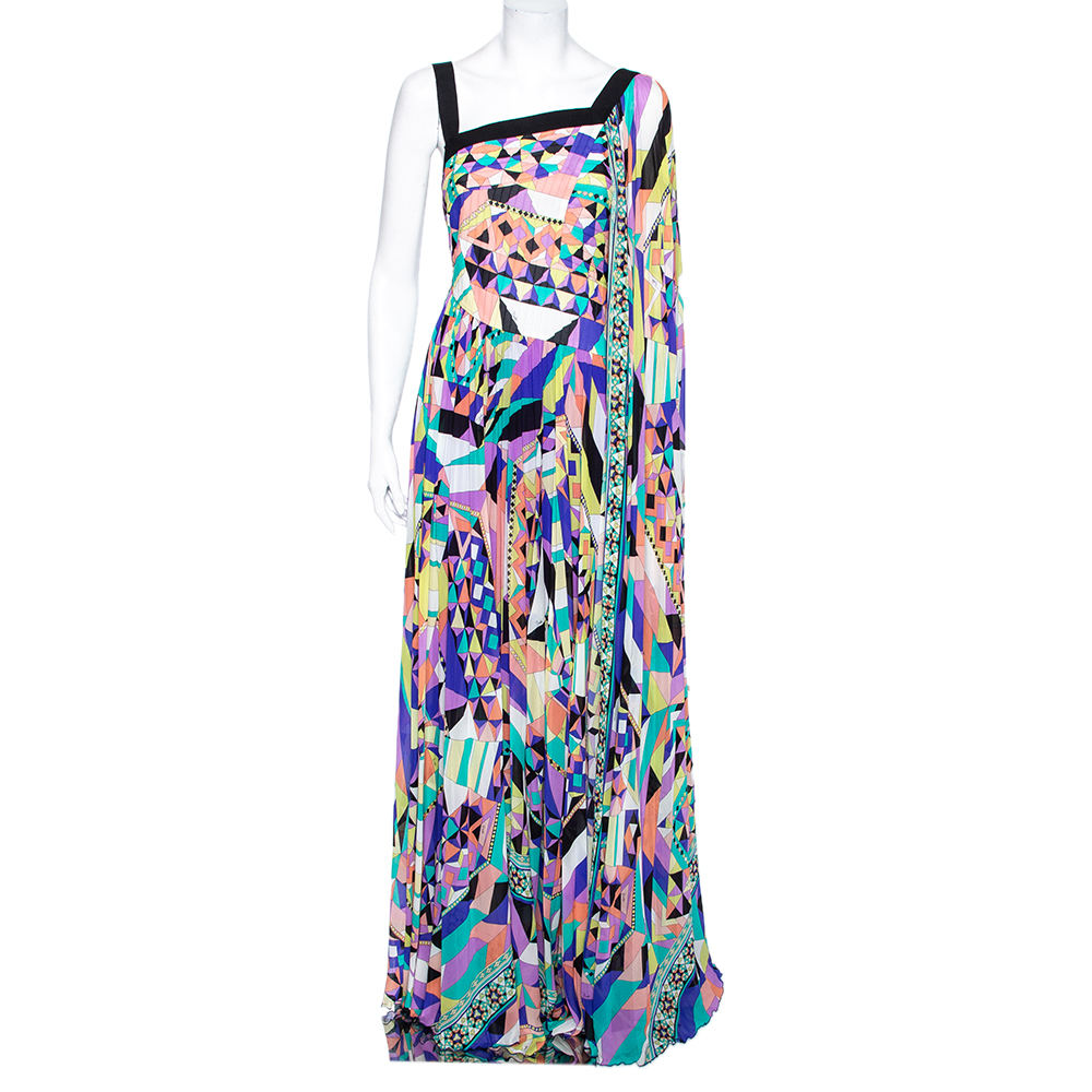 Emilio Pucci Multicolored Printed Silk One Shoulder Overlay Detailed Dress M