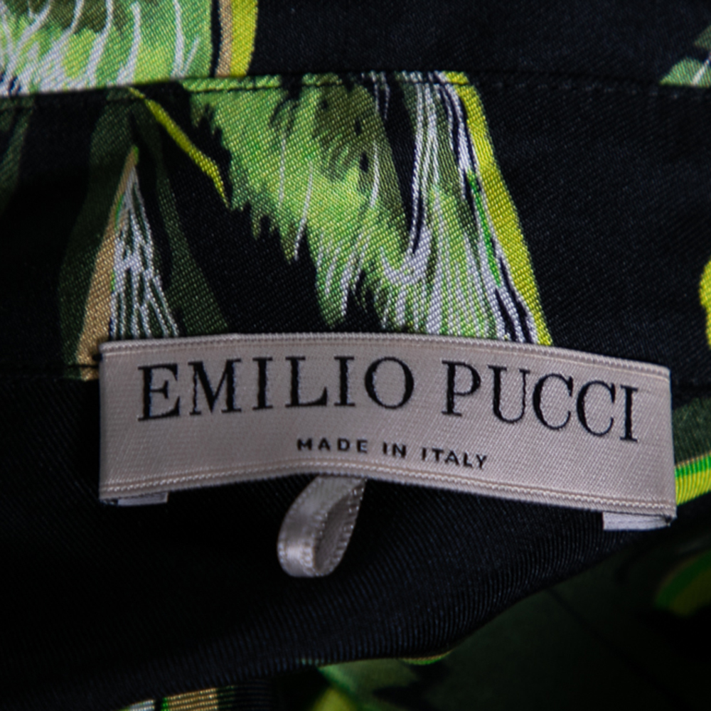 Emilio Pucci Black & Green Bird Printed Silk Shirt M