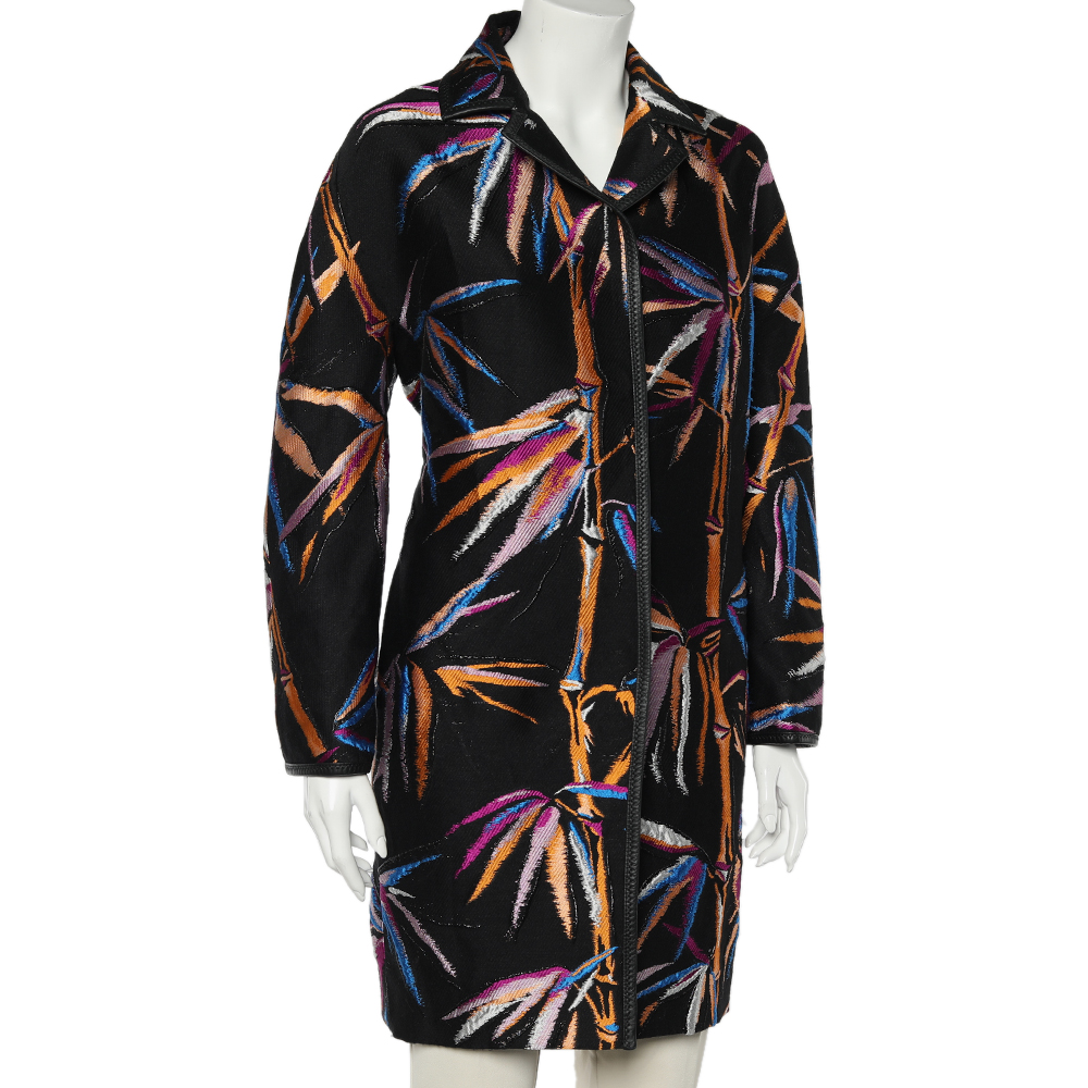 Emilio Pucci Black Leaf Jacquard Button Front Oversized Coat S