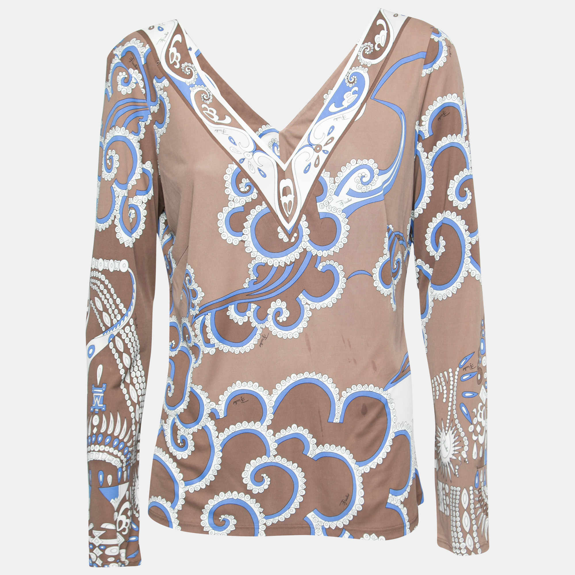 Emilio Pucci Multicolor Printed Jersey Long Sleeves V Neck Blouse L