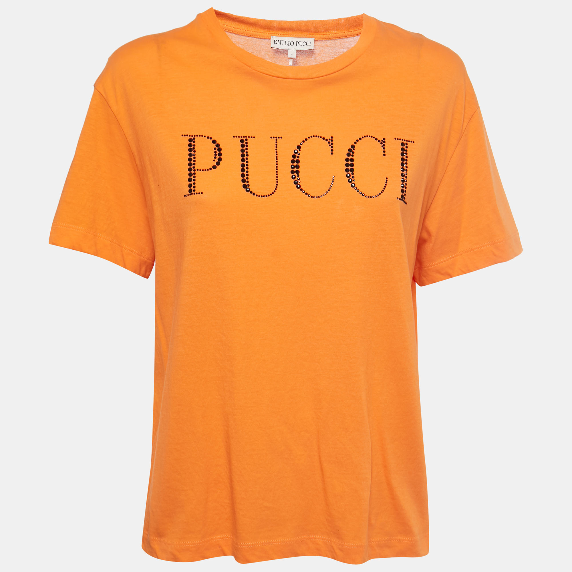 Emilio Pucci Orange Cotton Crystal Embellished Logo T-Shirt S
