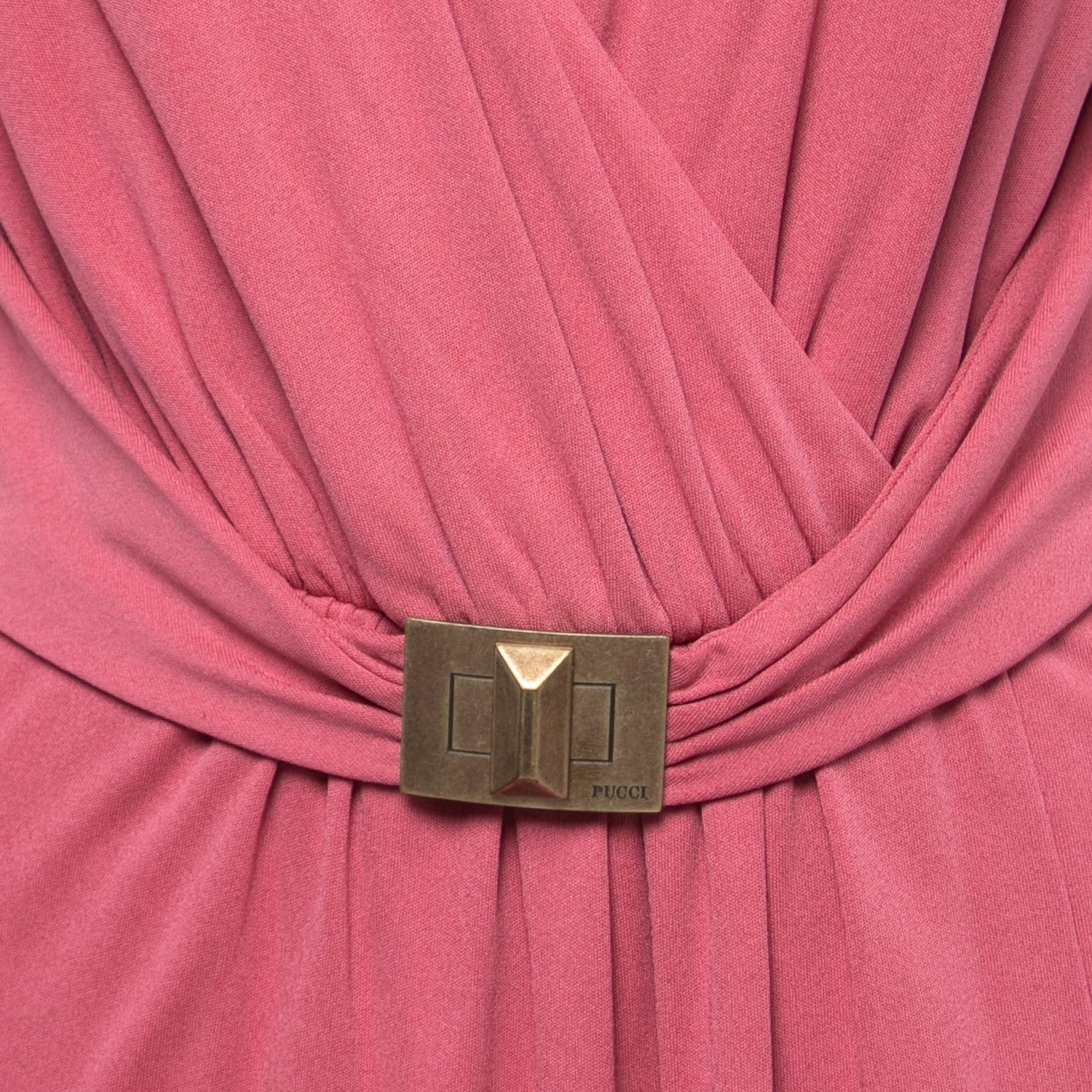 Emilio Pucci Pink Jersey Draped Sleeveless Buckle Detail Dress M