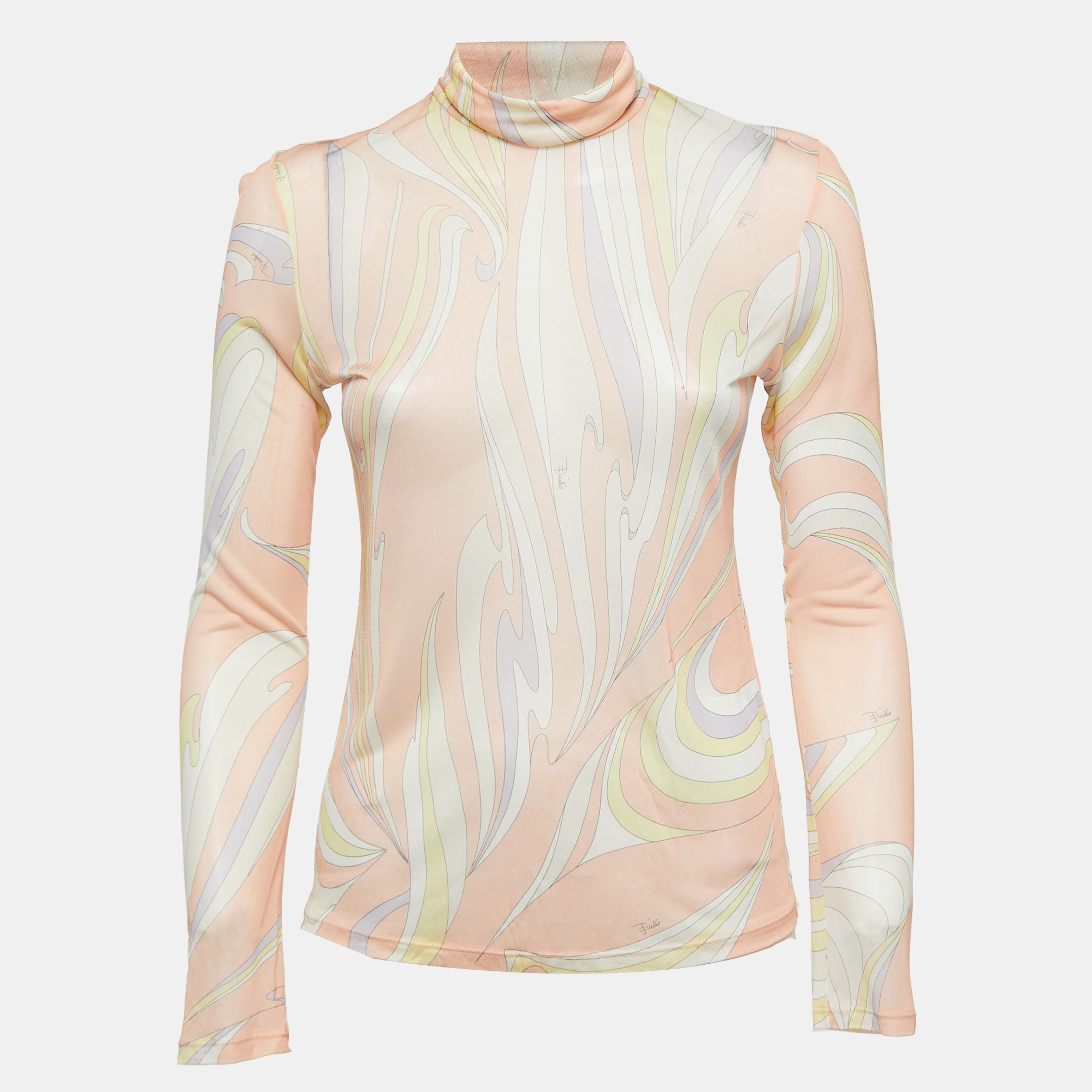 Emilio Pucci Light Pink Abstract Print Jersey High Neck Long Sleeve Top S