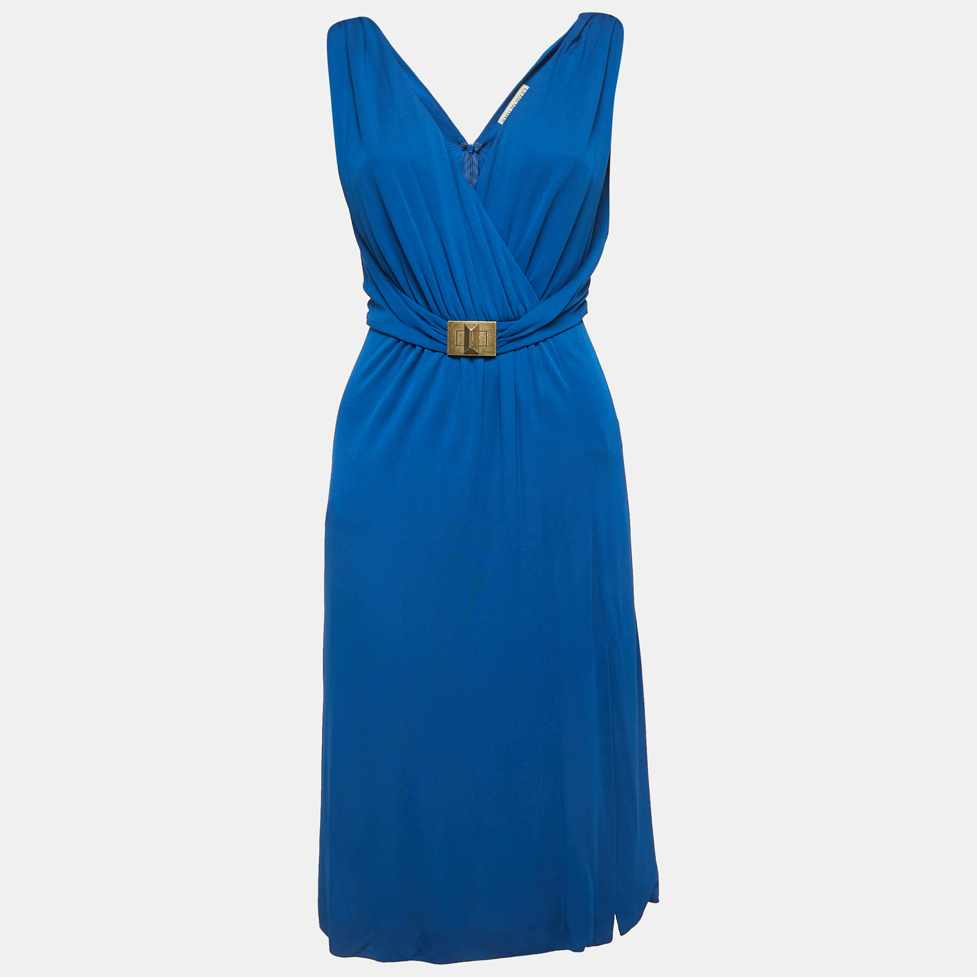 Emilio Pucci Blue Jersey Buckle Detail Draped Sleeveless Midi Dress S