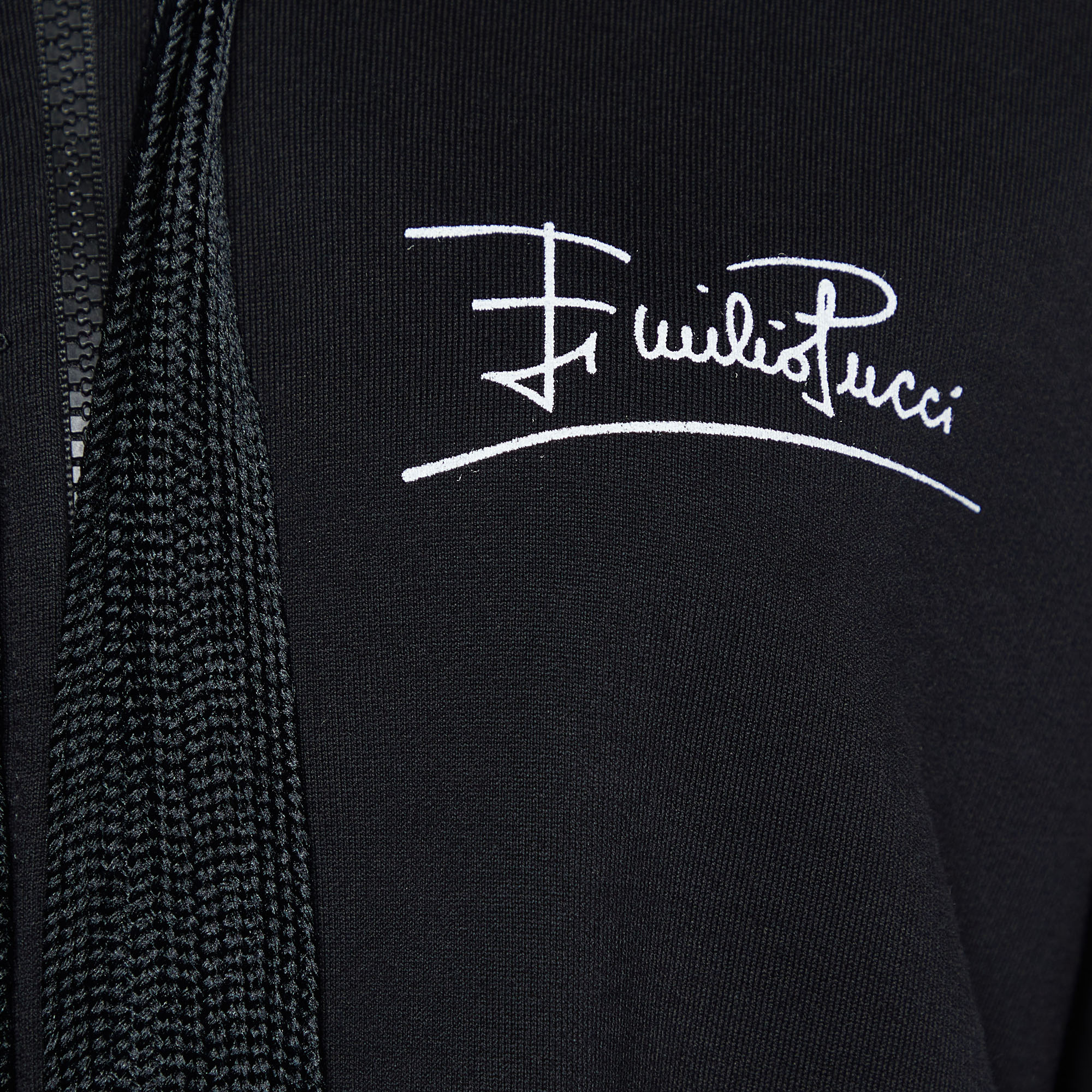 Emilio Pucci Black Cotton Knit Printed Hem Zip Front Hooded Jacket L