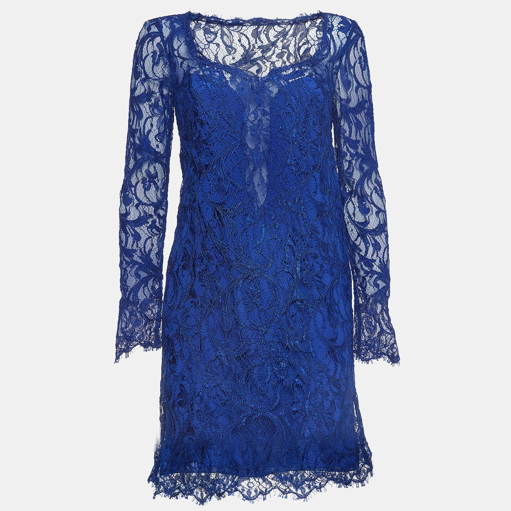 Emilio Pucci Blue Floral Lace Long Sleeve Mini Dress M