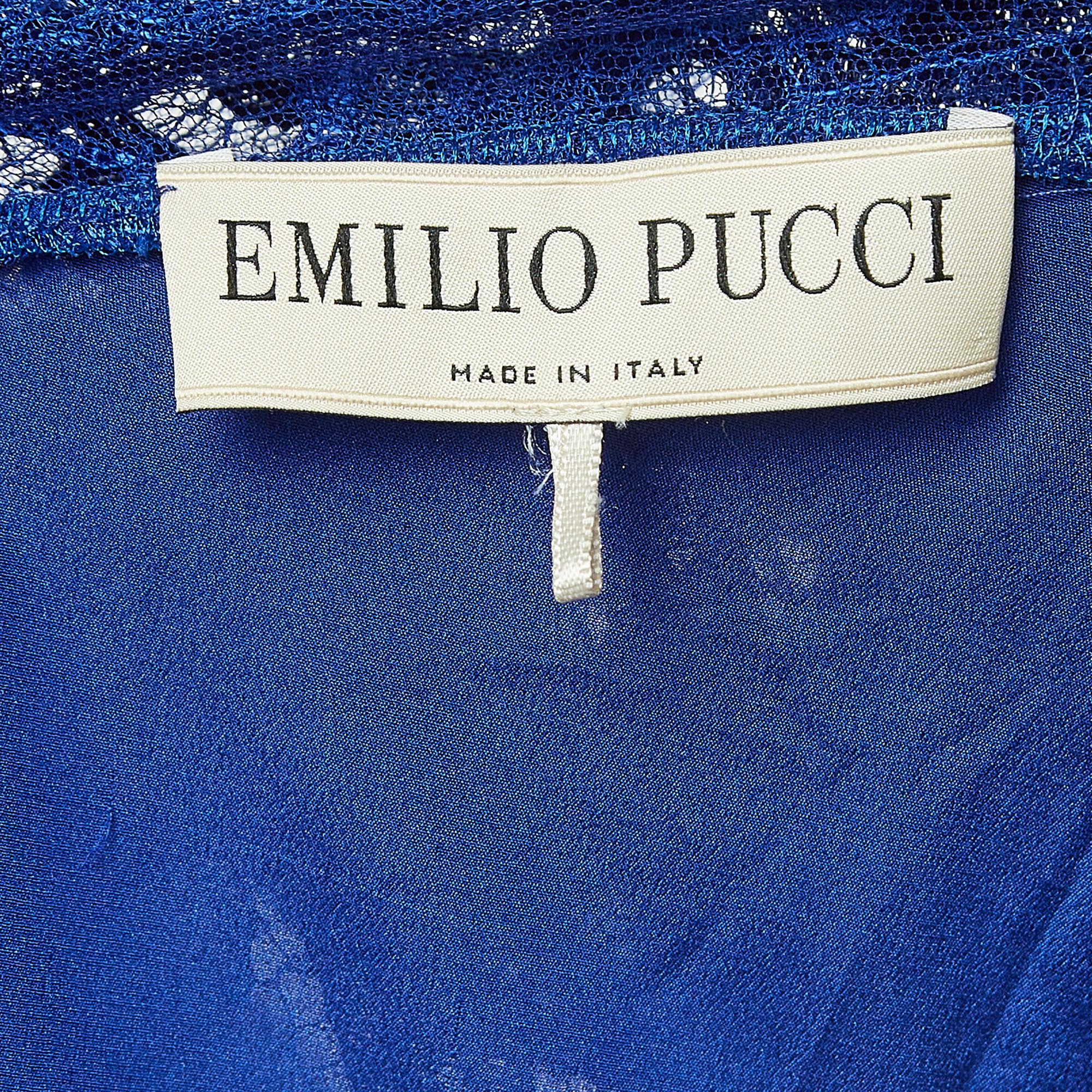 Emilio Pucci Blue Floral Lace Long Sleeve Mini Dress M