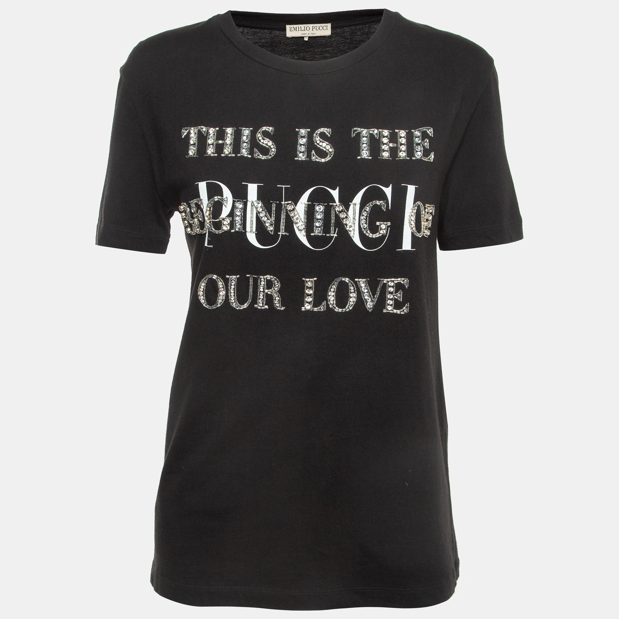 Emilio Pucci Black Embellished Logo Print Cotton Half Sleeve T-Shirt L