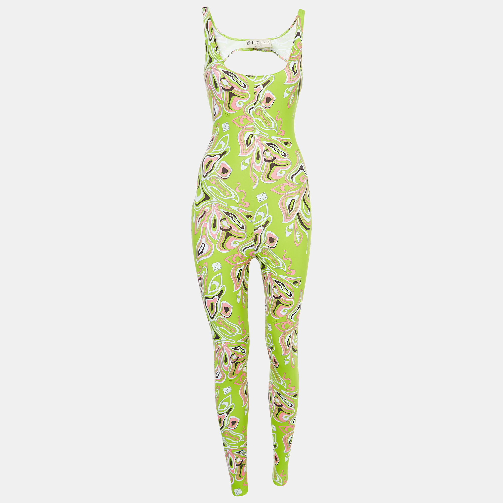 Emilio Pucci Green Print Jersey Cut-out Sleeveless Jumpsuit XS