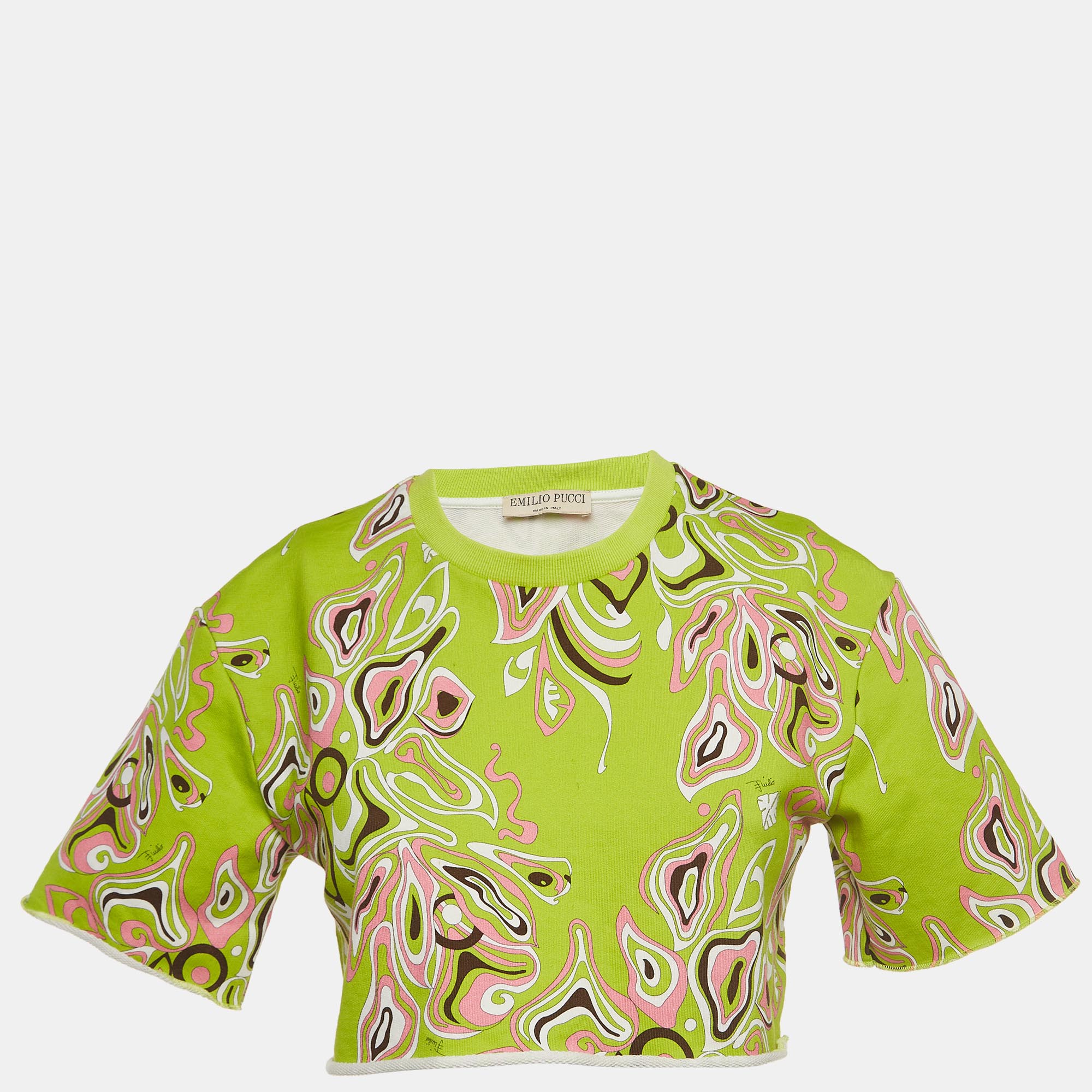 Emilio Pucci Green Africana Print Cotton Crop T-Shirt XS