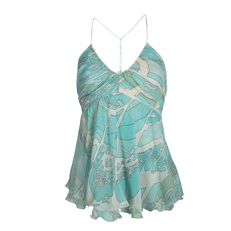 Image of Emilio Pucci Blue Printed Silk Ruched Sleeveless Y Back Top S
