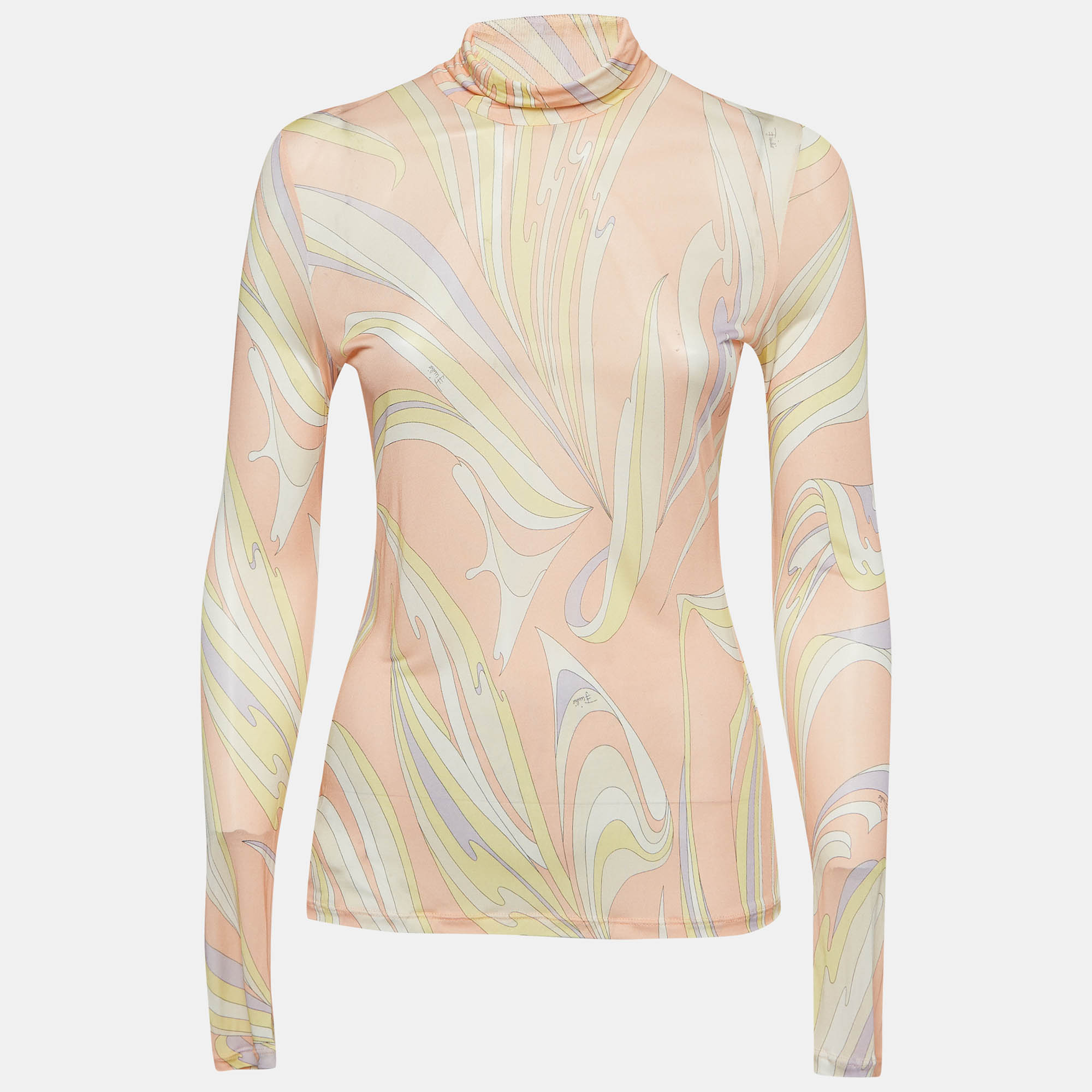 Emilio pucci pastel pink abstract print jersey high neck long sleeve top m