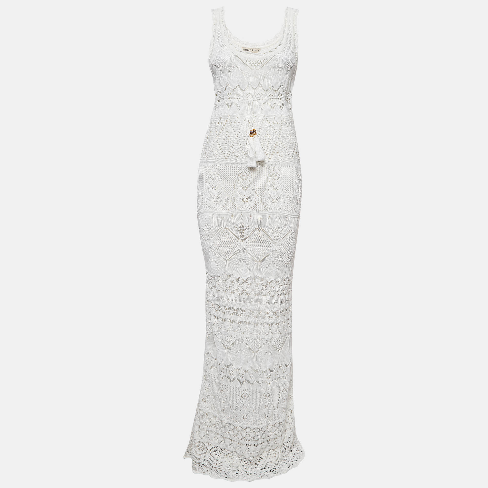 Emilio pucci white patterned crochet tie-up detail maxi dress m