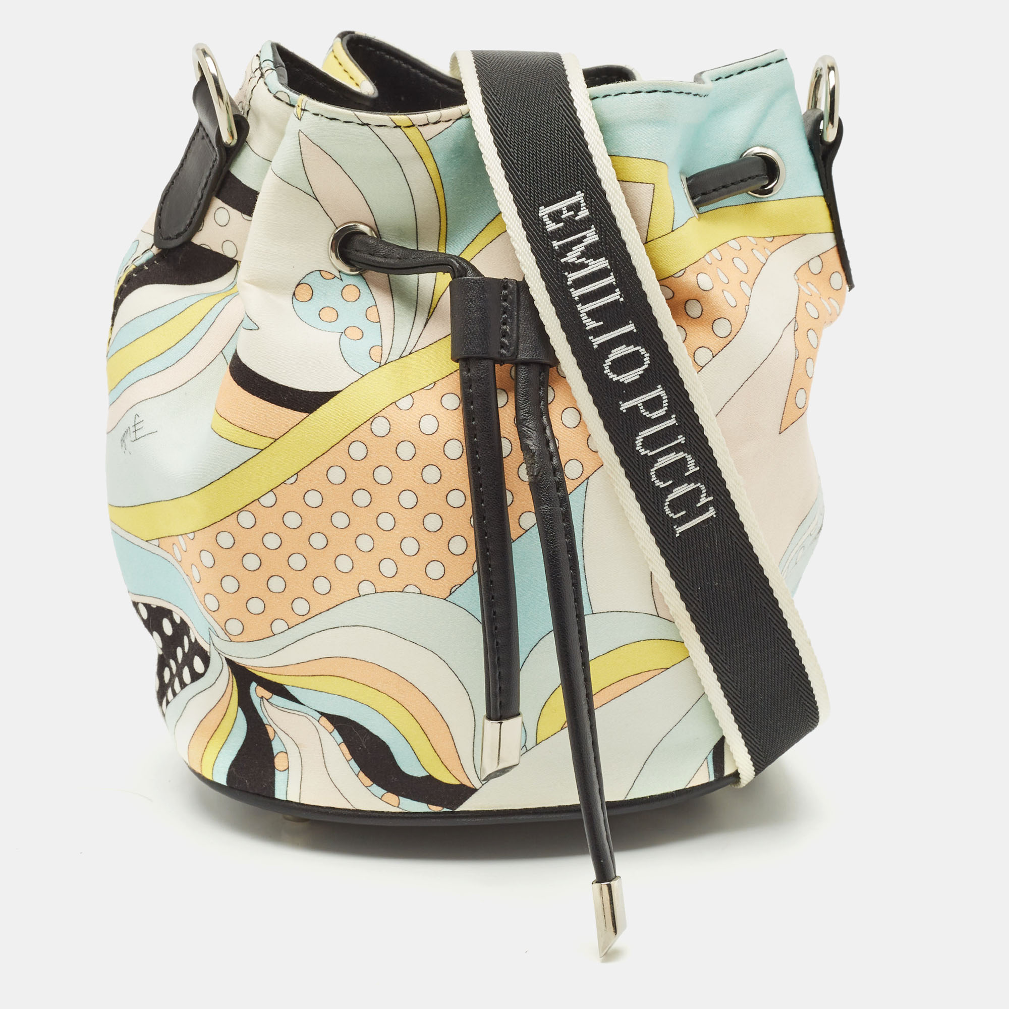 Emilio Pucci Multicolor Printed Satin and Leather Drawstring Bucket Bag
Emilio Pucci Multicolor Printed Satin and Leather Drawstring Bucket Bag
