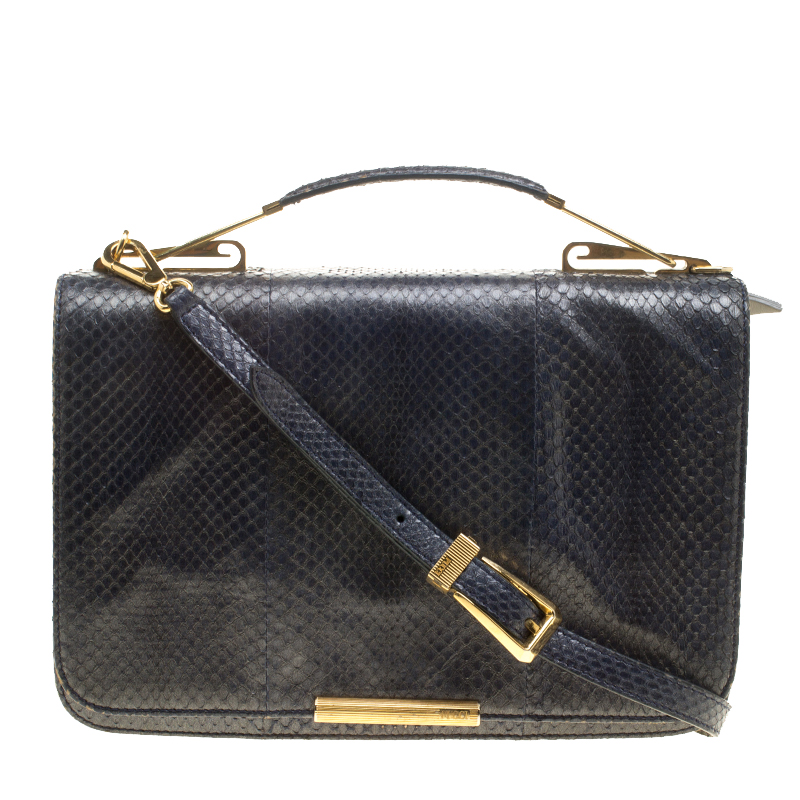 Image of Emilio Pucci Dark Blue Snake Skin Leather Newton Shoulder Bag