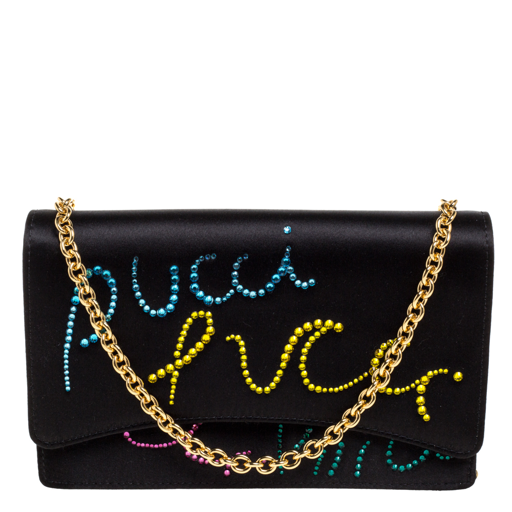Image of Emilio Pucci Black Leather Crystal Embellished Shoulder Bag